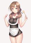  1girl apron blush breasts brown_hair closed_mouth collarbone eyebrows_visible_through_hair fishking highres holding holding_spoon large_breasts long_hair looking_at_viewer oosuki_mamako sideboob smile solo spoon tsuujou_kougeki_ga_zentai_kougeki_de_ni-kai_kougeki_no_okaasan_wa_suki_desu_ka? violet_eyes 