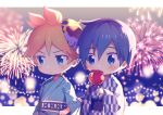  2boys backlighting blonde_hair blue_eyes blue_hair blue_kimono blush candy_apple chibi commentary eating festival fireworks food holding holding_another&#039;s_arm holding_food japanese_clothes kagamine_len kaito kimono male_focus multiple_boys obi sash seigaiha sinaooo spiky_hair sweat v-shaped_eyebrows vocaloid yukata 