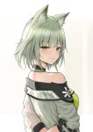  1girl absurdres animal_ear_fluff arknights arms_behind_back bangs blush commentary_request eyebrows_visible_through_hair from_behind green_eyes green_hair highres kal&#039;tsit_(arknights) looking_at_viewer looking_back lynx_ears mango_(mgo) short_hair solo upper_body 
