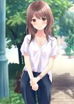  1girl bag bangs blue_pants blurry blurry_background blush brown_eyes brown_hair closed_mouth collarbone commentary_request day depth_of_field eyebrows_visible_through_hair highres lamppost long_hair looking_at_viewer original outdoors pants shirt short_sleeves shoulder_bag smile solo standing tree white_shirt yukimaru217 