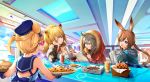  4girls :d amiya_(arknights) animal_ears arknights artist_name bare_arms bendy_straw black_collar black_jacket black_nails blonde_hair blue_collar blue_eyes blue_headwear blue_sailor_collar book bread breasts brown_hair coat collar commentary counter cup drinking_glass drinking_straw eating elbow_rest english_commentary fingernails food fur-trimmed_hood fur_trim gummy_(arknights) hand_on_own_cheek highres holding holding_book holding_cup holding_paper holding_plate hood hood_down hood_up indoors jacket juice kaze-hime large_breasts long_hair long_sleeves looking_back medium_hair multiple_girls one_eye_closed open_clothes open_jacket open_mouth paper pasta plate projekt_red_(arknights) rabbit_ears red_coat sailor_collar siege_(arknights) smile studded_collar twintails watermark web_address yellow_eyes 