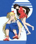  2girls ;) aino_minako arms_behind_back artist_name bangs bishoujo_senshi_sailor_moon black_hair blonde_hair blue_eyes bow breasts chin_rest closed_mouth commentary dress elbow_on_knee elbow_rest eyebrows_visible_through_hair full_body hair_bow hino_rei kaze-hime leaning_forward long_hair looking_at_viewer multiple_girls one_eye_closed overalls red_bow red_dress red_footwear sandals shirt short_dress short_sleeves sitting sleeveless sleeveless_shirt small_breasts smile standing violet_eyes white_footwear white_shirt 