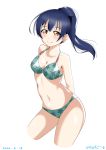  1girl absurdres arms_behind_back bangs bikini blue_hair blush commentary_request cowboy_shot earrings green_bikini hair_between_eyes highres jewelry long_hair looking_at_viewer love_live! love_live!_school_idol_project navel ponytail simple_background smile solo sonoda_umi swimsuit white_background yellow_eyes 