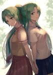  2girls green_eyes green_hair hair_ribbon half_updo higurashi_no_naku_koro_ni long_hair looking_at_viewer multiple_girls nayu_(mcpt8738) necktie ponytail ribbon school_uniform siblings sisters skirt smile sonozaki_mion sonozaki_shion twins 