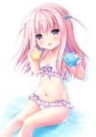  1girl bikini bow child flat_chest frilled_bikini frills hair_bow legs long_hair navel open_mouth original pink_eyes pink_hair refia_(lollipop_star) ribbon simple_background sitting smile solo swimsuit thighs two_side_up water white_background white_bikini 
