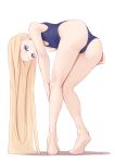  1girl abigail_williams_(fate/grand_order) ass bangs bare_shoulders bent_over blonde_hair blue_eyes blue_swimsuit breasts fate/grand_order fate_(series) highres jilu legs long_hair looking_at_viewer one-piece_swimsuit parted_bangs simple_background small_breasts swimsuit white_background 