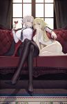  2girls absurdres alcohol bangs bare_shoulders black_footwear black_jacket black_legwear black_skirt blonde_hair blue_eyes blush breasts cha_hou china_dress chinese_clothes collared_shirt couch crossed_legs cup curtains dress dress_shirt drinking_glass eyebrows_visible_through_hair fate_(series) high_heels highres holding holding_cup jacket jacket_on_shoulders jeanne_d&#039;arc_(alter)_(fate) jeanne_d&#039;arc_(fate) jeanne_d&#039;arc_(fate)_(all) large_breasts long_hair looking_at_viewer miniskirt multiple_girls pale_skin pantyhose shirt short_hair side_slit silver_hair sitting skirt striped striped_neckwear white_shirt window wine_glass wooden_floor yellow_eyes 