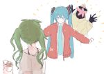  1other 2girls aqua_eyes aqua_hair aqua_neckwear commentary cup dual_persona flower food green_hair grey_shirt hair_ornament hands_up hatsune_miku holding holding_cup hooded_coat jacket kaimo_(mi6kai) long_hair looking_at_another multiple_girls necktie outstretched_arms pasta ramen red_jacket shirt smile spaghetti suna_no_wakusei_(vocaloid) twintails very_long_hair vocaloid white_background 