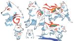  amaterasu animal doubutsu_no_mori fire highres meme multiple_views niwatorineko no_humans ookami_(game) reflector_(ookami) simple_background weapon white_background white_wolf wolf 
