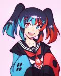  1girl :d asymmetrical_sleeves black_hair black_jacket blue_eyes blue_hair blue_sleeves collarbone commentary english_commentary fang heterochromia highres ilya_kuvshinov jacket looking_at_viewer multicolored_hair nintendo_switch nintendo_switch_(personification) open_mouth original personification pink_background red_eyes red_neckwear red_sleeves redhead sailor_collar school_uniform simple_background sleeves_past_fingers sleeves_past_wrists smile solo twintails upper_body upper_teeth 