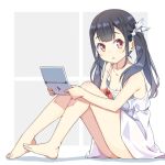  1girl bare_arms bare_legs bare_shoulders barefoot black_hair blush bow breasts chinese_commentary collarbone commentary_request dress full_body hair_ornament hair_ribbon hair_scrunchie handheld_game_console hatsunatsu holding knees_up long_hair looking_at_viewer original parted_lips red_bow red_eyes ribbon scrunchie sitting sleeveless sleeveless_dress small_breasts solo twintails white_dress white_ribbon white_scrunchie 
