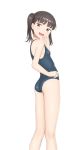  1girl :d absurdres ass bangs blue_swimsuit breasts brown_eyes brown_hair hand_up highres looking_at_viewer looking_back one-piece_swimsuit open_mouth original sc_naru school_swimsuit simple_background small_breasts smile solo standing swimsuit twintails white_background young 