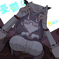  1girl arms_up bangs blunt_bangs cellphone cloak closed_mouth constricted_pupils dutch_angle elbow_gloves expressionless fate_(series) fingerless_gloves floating_clothes frilled_shirt frills from_above from_below frown glasses gloves glowing hair_pom_pom hikikomori holding holding_phone hood hood_up junkin18 light_blush long_hair looking_at_phone low_twintails osakabe-hime_(fate/grand_order) phone pink_eyes pom_pom_(clothes) purple_cloak purple_hair shirt simple_background smartphone solo staring translated twintails underbust upper_body very_long_hair white_background white_gloves white_shirt 