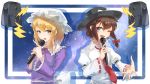  2girls absurdres alternate_eye_color blonde_hair blue_eyes brown_hair dress fedora hat highres holding holding_microphone loudspeaker maribel_hearn melk_24 microphone mob_cap multiple_girls music necktie purple_dress red_neckwear shirt singing sky star_(sky) starry_sky touhou usami_renko violet_eyes white_shirt 