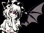  1girl bangs bat_wings black_background black_nails blood blood_from_mouth bloody_clothes bow brooch commentary_request diamond-shaped_pupils diamond_(shape) fang fang_out hand_on_own_cheek hand_up hat hat_bow high_contrast highres jewelry kyouda_suzuka looking_at_viewer mob_cap monochrome red_eyes remilia_scarlet shirt short_hair short_sleeves simple_background smile solo spot_color symbol-shaped_pupils touhou upper_body wings 