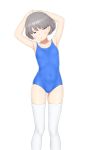  1girl absurdres arms_up blue_swimsuit bob_cut brown_hair covered_navel grey_eyes highres looking_at_viewer one-piece_swimsuit sc_naru school_swimsuit simple_background standing swimsuit thigh-highs white_background white_legwear 