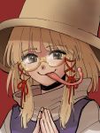  1girl bangs bespectacled blonde_hair closed_mouth eyebrows_visible_through_hair glasses hair_ribbon hands_clasped hands_together hat highres kuya_(hey36253625) long_tongue looking_at_viewer moriya_suwako own_hands_together purple_vest red_background red_ribbon ribbon round_eyewear semi-rimless_eyewear shirt short_hair simple_background smile solo tongue tongue_out touhou turtleneck upper_body vest white_shirt yellow-framed_eyewear yellow_eyes 
