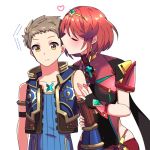  138sima 1boy 1girl bangs blush breasts chest_jewel covered_navel earrings fingerless_gloves gem gloves hair_ornament pyra_(xenoblade) jewelry red_eyes red_shorts redhead rex_(xenoblade_2) shorts swept_bangs tiara xenoblade_(series) xenoblade_2 