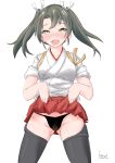  1girl ass_visible_through_thighs black_panties blush dark_green_hair eyebrows_visible_through_hair green_eyes hair_ribbon hakama_skirt japanese_clothes kamekame1208 kantai_collection lifted_by_self long_hair looking_at_viewer open_mouth panties ribbon simple_background skirt skirt_lift smile solo thigh-highs twintails underwear white_background yellow_eyes zuikaku_(kantai_collection) 