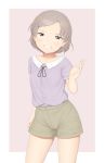  1girl absurdres arm_at_side brown_hair brown_shorts hair_ornament hairclip hand_up highres original purple_background purple_shirt sc_naru shirt short_hair short_sleeves shorts simple_background smile solo standing 