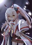  1girl absurdres ayanami_(azur_lane) ayanami_(pulse_of_the_new_year)_(azur_lane) azur_lane bare_shoulders blurry bow choker claw_pose collarbone commentary_request depth_of_field ema hair_bow hair_ornament hair_ribbon hairclip headgear highres juiceneko leaning_forward long_hair looking_at_viewer mask mask_on_head moonlight mouse_mask night night_sky off_shoulder petals pleated_skirt ponytail ribbon shade skirt sky sleeves_past_wrists smile solo star_(sky) starry_sky thigh-highs white_legwear wide_sleeves zettai_ryouiki 