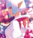  blue_eyes blurry blurry_background ear_clip elezen elf final_fantasy final_fantasy_xiv ilya_kuvshinov lips looking_at_viewer pointy_ears robe short_hair white_hair white_mage 