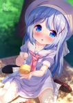  1girl bangs blue_eyes blue_hair blurry blurry_background blush brown_footwear chestnut_mouth chinomaron collarbone commentary_request day depth_of_field eyebrows_visible_through_hair feeding food from_above gochuumon_wa_usagi_desu_ka? hair_ornament hat highres holding holding_food holding_spoon kafuu_chino long_hair looking_at_viewer open_mouth outdoors puffy_short_sleeves puffy_sleeves sailor_collar school_uniform shirt shoes short_sleeves signature sitting solo spoon wariza white_legwear white_sailor_collar white_shirt x_hair_ornament 