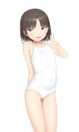  1girl absurdres arm_behind_back bangs brown_hair covered_navel highres one-piece_swimsuit open_mouth original parted_bangs sc_naru school_swimsuit short_hair simple_background solo standing swimsuit thighs v white_background white_swimsuit 
