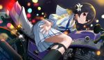  1girl black_hair black_legwear blue_nails blue_neckwear choker commentary_request dutch_angle epaulettes flower ground_vehicle hair_bun hair_flower hair_ornament idolmaster idolmaster_shiny_colors jewelry junshiki kneeling light_smile long_sleeves looking_at_viewer morino_rinze motor_vehicle motorcycle neckerchief necklace night outstretched_arm pleated_skirt red_eyes riding short_hair skirt solo tied_hair white_serafuku white_skirt 