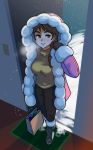  1girl akairiot bag boots braid breath brown_eyes brown_hair coat commentary doorway fur_coat hair_over_shoulder highres ice_climber knee_boots long_braid long_hair mittens nana_(ice_climber) open_clothes open_coat pants pink_coat shopping_bag single_braid snow snowing solo sweater symbol_commentary turtleneck turtleneck_sweater winter 