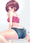  1girl ass back bad_proportions bare_shoulders barefoot brown_eyes brown_hair denim denim_shorts hand_up highres isuka looking_at_viewer looking_back original short_hair short_shorts shorts simple_background sitting solo wariza 