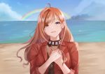  1girl :d antenna_hair arisugawa_natsuha bangs beach black_eyes blue_sky blush breasts clouds ear_piercing eyebrows_visible_through_hair hands_on_own_chest highres horizon idolmaster idolmaster_shiny_colors jacket long_hair looking_at_viewer ocean open_clothes open_jacket open_mouth orange_hair piercing rainbow red_jacket ribbed_shirt sand shirt short_sleeves sky smile tranquility_of_nature turtleneck upper_body water 