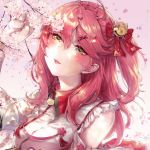  1girl absurdres ahoge bell blush cherry_blossoms detached_sleeves frills green_eyes hair_bell hair_ornament hair_over_shoulder hairclip highres hololive huge_filesize kyogoku-uru lips long_hair pink_hair sakura_miko solo upper_body virtual_youtuber x_hair_ornament 