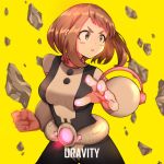  1girl bangs belt blurry blush_stickers bodysuit boku_no_hero_academia breasts brown_eyes brown_hair character_name clenched_hand commentary_request cowboy_shot debris depth_of_field floating lixiao_lang medium_breasts parted_lips rock short_hair solo uraraka_ochako utility_belt yellow_background 