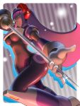  1girl android bangs blunt_bangs breasts capcom commentary_request dark_skin from_below green_eyes hair_over_eyes headgear headset hime_cut holding holding_weapon large_breasts layer_(rockman) long_hair mole mole_under_eye napo purple_hair rapier robot_ears rockman rockman_x smile solo striped striped_background sword under_boob weapon 