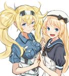  1girl absurdres blonde_hair blue_eyes blue_sailor_collar blue_shirt breasts collared_shirt dress gambier_bay_(kantai_collection) hairband hat highres holding_hands jervis_(kantai_collection) kantai_collection large_breasts long_hair looking_at_viewer sailor_collar sailor_dress sailor_hat shirt solo twintails upper_body white_dress white_headwear yunoji_yusuke 