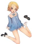  1girl bare_legs blonde_hair blue_eyes blush bow bowtie braid branch_(blackrabbits) collar commentary_request darjeeling_(girls_und_panzer) frills full_body girls_und_panzer long_sleeves looking_at_viewer mary_janes open_mouth see-through shoe_removed shoes short_hair simple_background sitting sleeves_past_wrists socks solo tied_hair wariza white_background white_legwear younger 