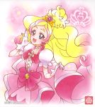  1girl :d bangs blonde_hair blue_eyes bow choker collarbone cure_flora dress earrings gloves go!_princess_precure gradient_hair highres jewelry long_hair looking_at_viewer multicolored_hair official_art open_mouth parted_bangs pink_bow pink_dress pink_hair precure short_sleeves smile solo standing very_long_hair white_gloves white_sleeves 