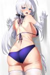  1girl ass azur_lane bangs bikini blue_bikini blue_eyes blush breasts commentary_request elbow_gloves eyebrows_visible_through_hair from_behind gloves greenkohgen hair_ribbon highres illustrious_(azur_lane) large_breasts long_hair looking_at_viewer looking_back mole mole_on_ass mole_under_eye open_mouth ribbon solo standing swimsuit tears thigh-highs thighs tress_ribbon tri_tails very_long_hair white_gloves white_hair white_legwear 
