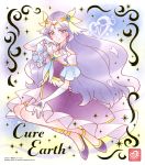 1girl anklet blue_eyes character_name circlet closed_mouth collarbone cure_earth dress earrings elbow_gloves full_body gloves hair_tubes healin&#039;_good_precure highres jewelry long_dress long_hair looking_at_viewer official_art precure pumps purple_dress purple_footwear purple_hair shiny shiny_hair short_sleeves smile solo very_long_hair white_gloves 