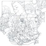  2girls 3boys :t borrowed_character chewing closed_eyes eating fantasy food food_on_face glasses highres holding holding_food licorice_(pixiv_fantasia) lineart long_hair meat monochrome multiple_boys multiple_girls nishihara_isao pixiv_fantasia pixiv_fantasia_sword_regalia pointy_ears puffy_shorts serini_(pixiv_fantasia) short_hair shorts sitting smile very_short_hair 