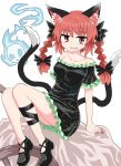  1girl animal_ears bangs black_bow black_dress black_footwear black_legwear black_tail bow braid breasts cat_ears cat_tail chups dress extra_ears eyebrows_visible_through_hair fang frilled_dress frilled_sleeves frills full_body green_frills hair_bow highres hitodama kaenbyou_rin looking_at_viewer off-shoulder_dress off_shoulder open_mouth red_eyes red_nails redhead short_hair short_sleeves simple_background sitting sitting_on_object solo tail touhou twin_braids wheelbarrow white_background 