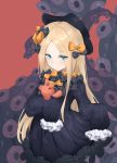  1girl abigail_williams_(fate/grand_order) absurdres bangs black_bow black_dress black_headwear blonde_hair blue_eyes blush bow breasts dress fate/grand_order fate_(series) forehead gggggw hair_bow hat highres long_hair looking_at_viewer multiple_bows orange_bow parted_bangs polka_dot polka_dot_bow ribbed_dress sleeves_past_fingers sleeves_past_wrists small_breasts stuffed_animal stuffed_toy teddy_bear tentacles 