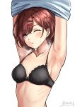  1girl ;o armpits arms_up bangs black_bra blue_shirt blush bra breasts brown_hair collarbone commentary_request eyebrows_visible_through_hair hair_ornament hairclip highres higuchi_madoka idolmaster idolmaster_shiny_colors lifted_by_self looking_at_viewer mole mole_under_eye one_eye_closed parted_lips shirt shirt_lift short_hair signature simple_background small_breasts solo su77sty sweat underwear undressing upper_body violet_eyes white_background 