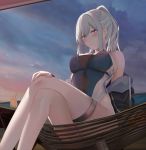  1girl ak-12_(girls_frontline) bare_shoulders blush breasts choker commentary_request crossed_legs drink earrings frown girls_frontline hand_on_own_knee highres jewelry large_breasts off_shoulder one-piece_swimsuit ponytail ru_zhai silver_hair sitting solo sunset swimsuit thigh_strap under_boob violet_eyes wicker_furniture 