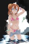  1girl bikini blue_eyes bracelet breasts cave denim denim_shorts earrings hair_between_eyes hair_ornament hair_scrunchie jewelry kousaka_honoka long_hair looking_at_viewer love_live! love_live!_school_idol_project navel_piercing necklace one_side_up orange_hair outdoors piercing pink_bikini scrunchie short_shorts shorts shorts_pull small_breasts solo string_bikini swimsuit tetopetesone wading water 