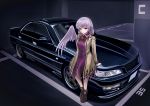  1girl 3books absurdres bangs car commentary eyebrows_visible_through_hair ground_vehicle highres kishin_sagume looking_to_the_side motor_vehicle nissan nissan_laurel single_wing touhou vehicle_focus violet_eyes wings 