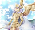  1boy androgynous armor cape floating_cape flute golden_armor helmet looking_up male mizuhara_aki saint_seiya simple_background siren_sorrento wings 