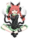  1girl animal_ears arm_up bangs black_bow black_dress black_footwear black_legwear black_tail bow braid breasts cat_ears cat_tail chups clenched_hand closed_eyes dress extra_ears eyebrows_visible_through_hair fang frilled_dress frilled_sleeves frills full_body green_frills hair_bow highres kaenbyou_rin long_sleeves multiple_tails nekomata open_mouth red_nails red_neckwear redhead short_hair simple_background sitting solo tail touhou twin_braids two_tails white_background yawning 