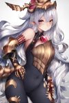  1girl bangs bare_shoulders bodysuit brown_eyes closed_mouth covered_navel elbow_gloves gauntlets gloves granblue_fantasy hair_between_eyes hand_on_hip headpiece long_hair looking_at_viewer medusa_(shingeki_no_bahamut) pointy_ears shingeki_no_bahamut silver_hair simple_background snm_(sunimi) solo tail very_long_hair 